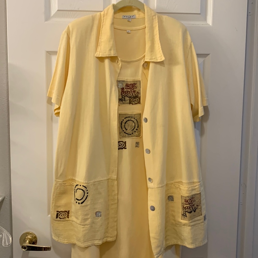 FOCUS VINTAGE 2PCS MAXI DRESS+ JACKET BUTTER YELLOW HAND PAINTED SZ L COTTON